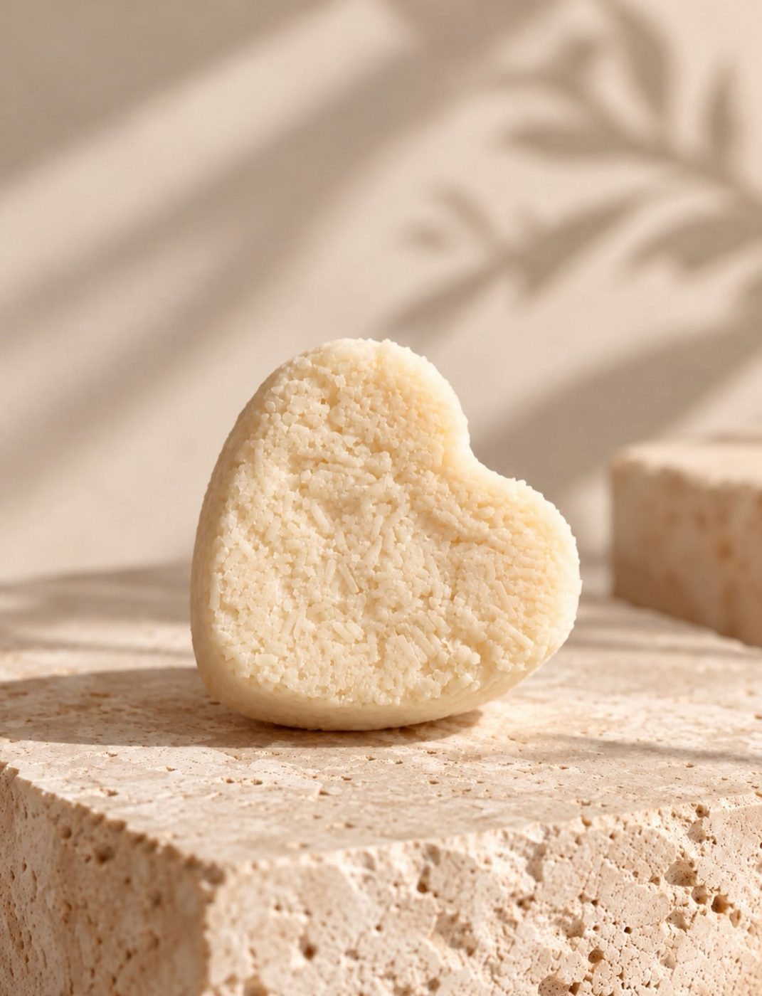 Shampoo sólido Meki en forma de corazón sobre piedra travertino